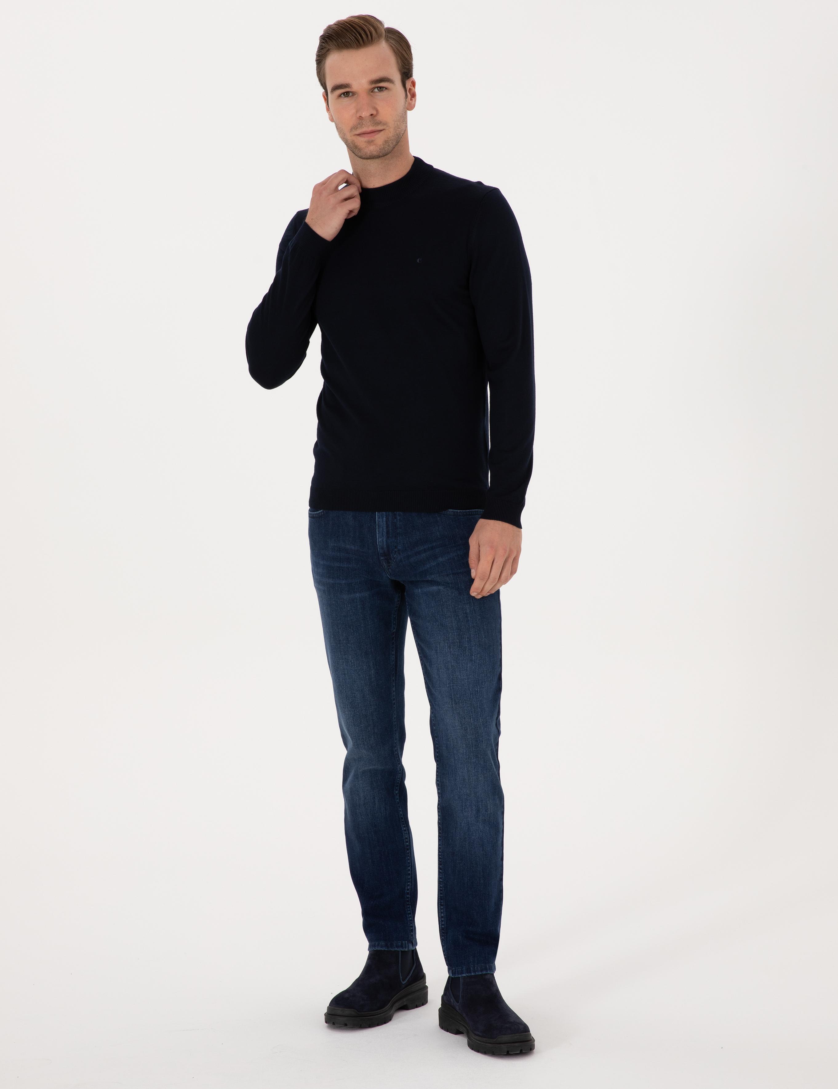Lacivert Slim Fit Yün Karışımlı Çeyrek Balıkçı Basic Triko Kazak - 50315295027
