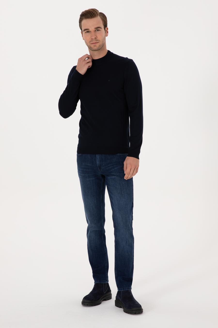 Lacivert Slim Fit Yün Karışımlı Çeyrek Balıkçı Basic Triko Kazak - 50315295027