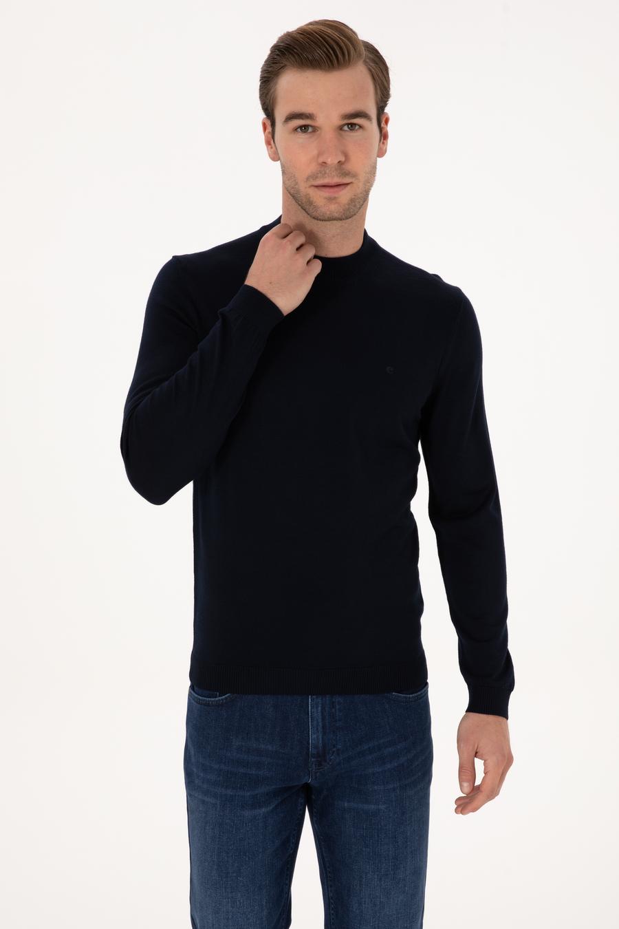 Lacivert Slim Fit Yün Karışımlı Çeyrek Balıkçı Basic Triko Kazak - 50315295027