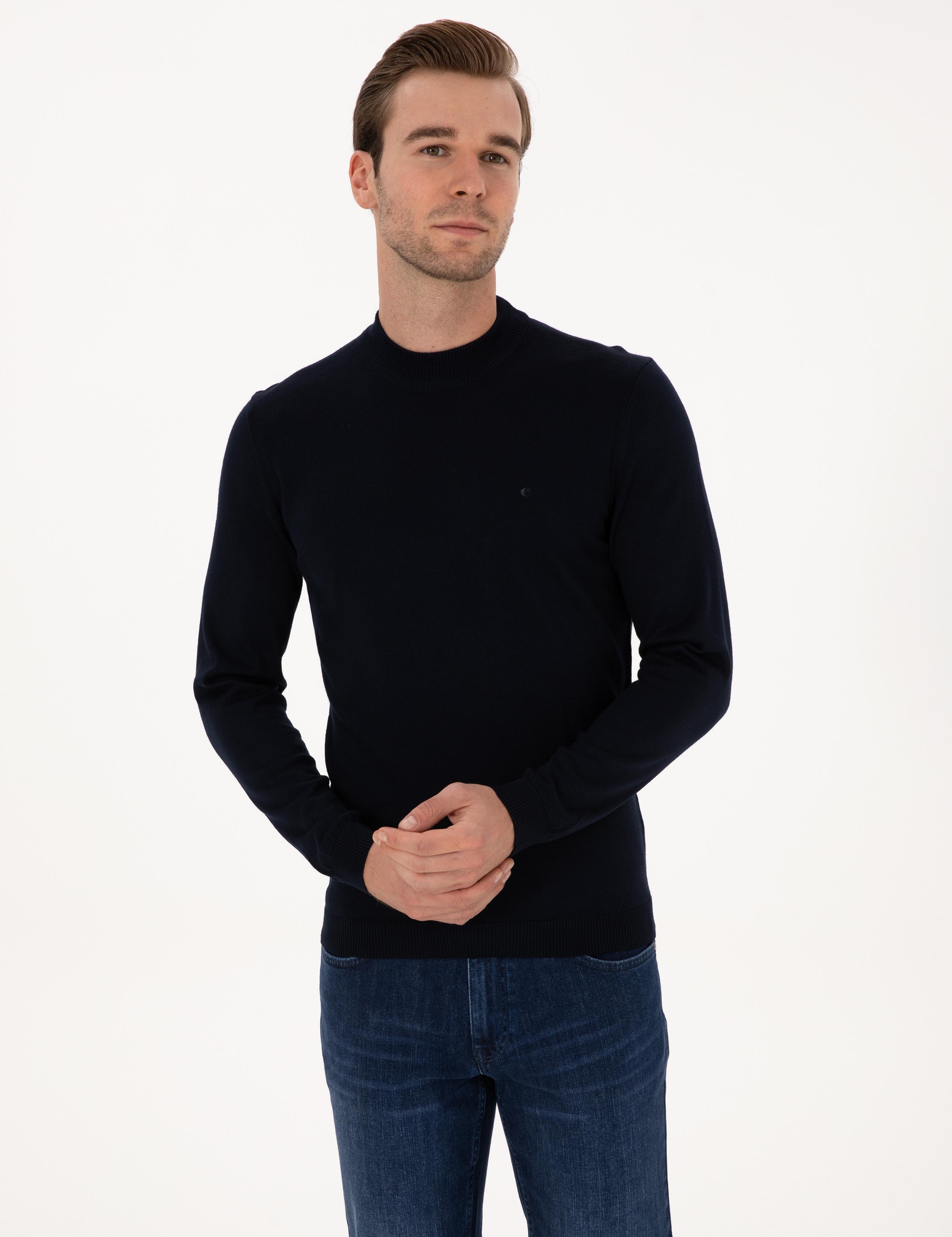 Lacivert Slim Fit Yün Karışımlı Çeyrek Balıkçı Basic Triko Kazak - 50315295027