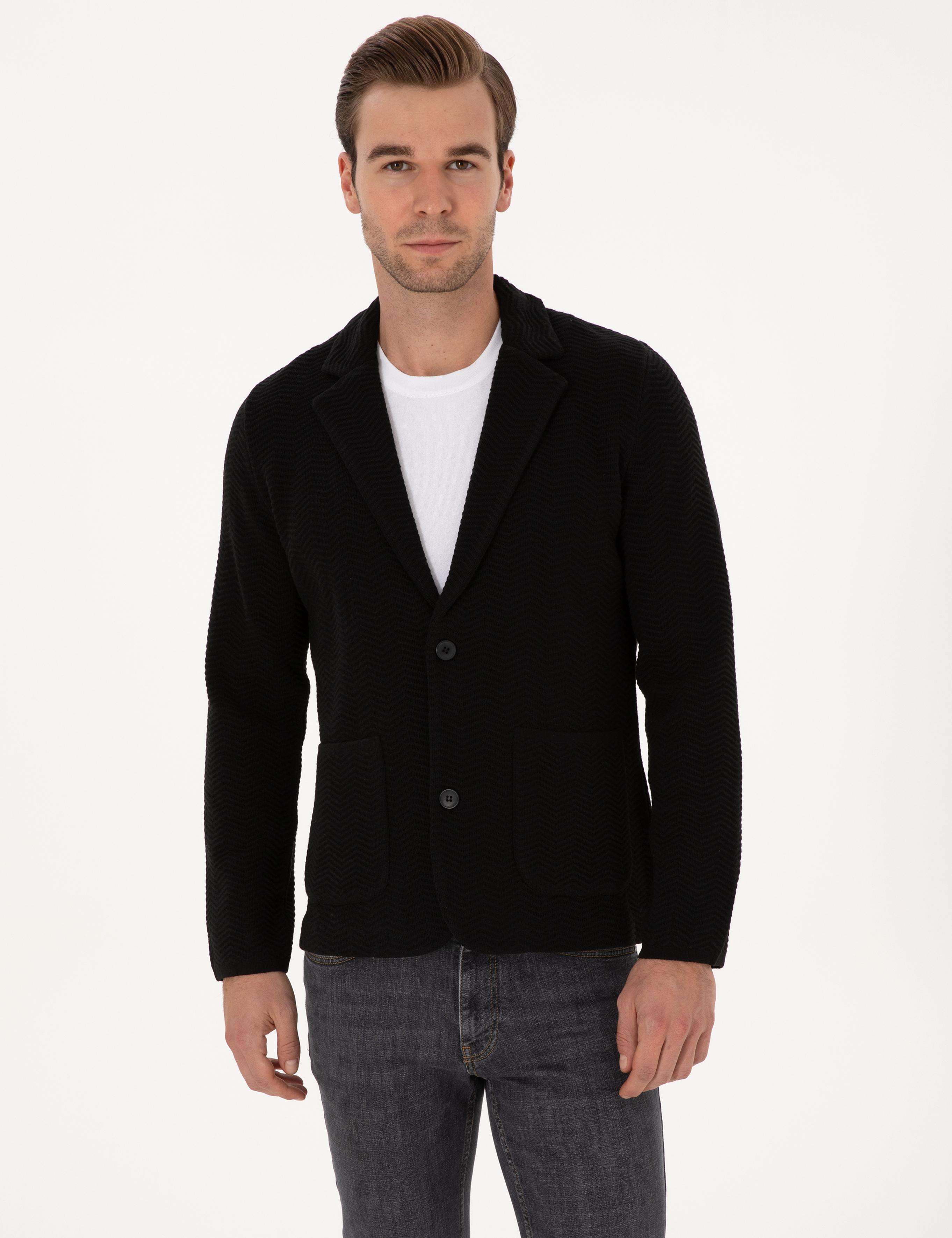 Siyah Slim Fit Pamuk Karışımlı Triko Hırka - 50314760018