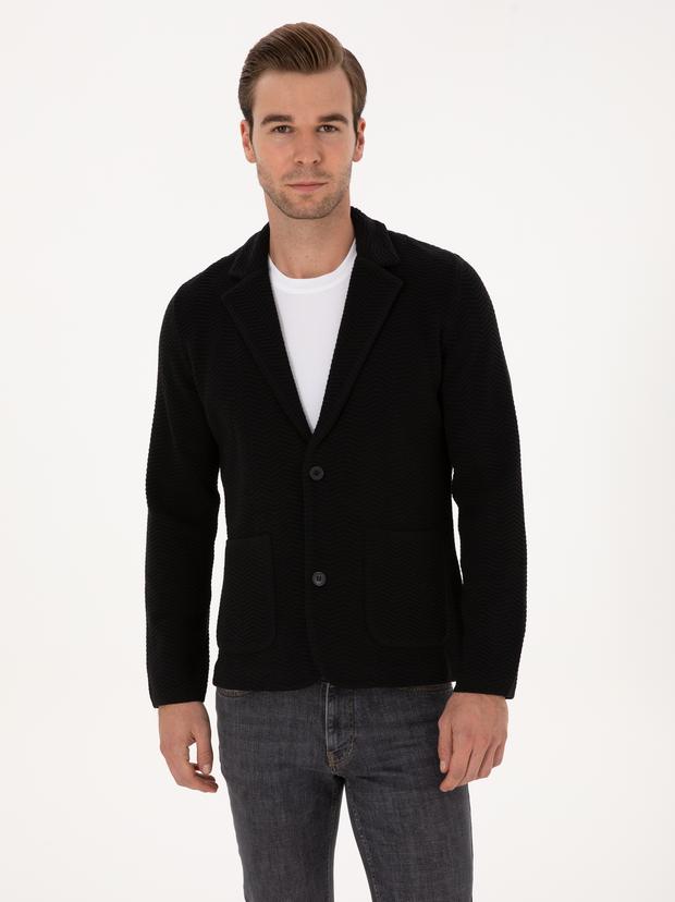 Siyah Slim Fit Pamuk Karışımlı Triko Hırka