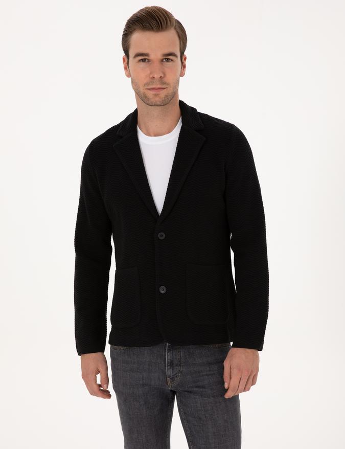 Siyah Slim Fit Pamuk Karışımlı Triko Hırka