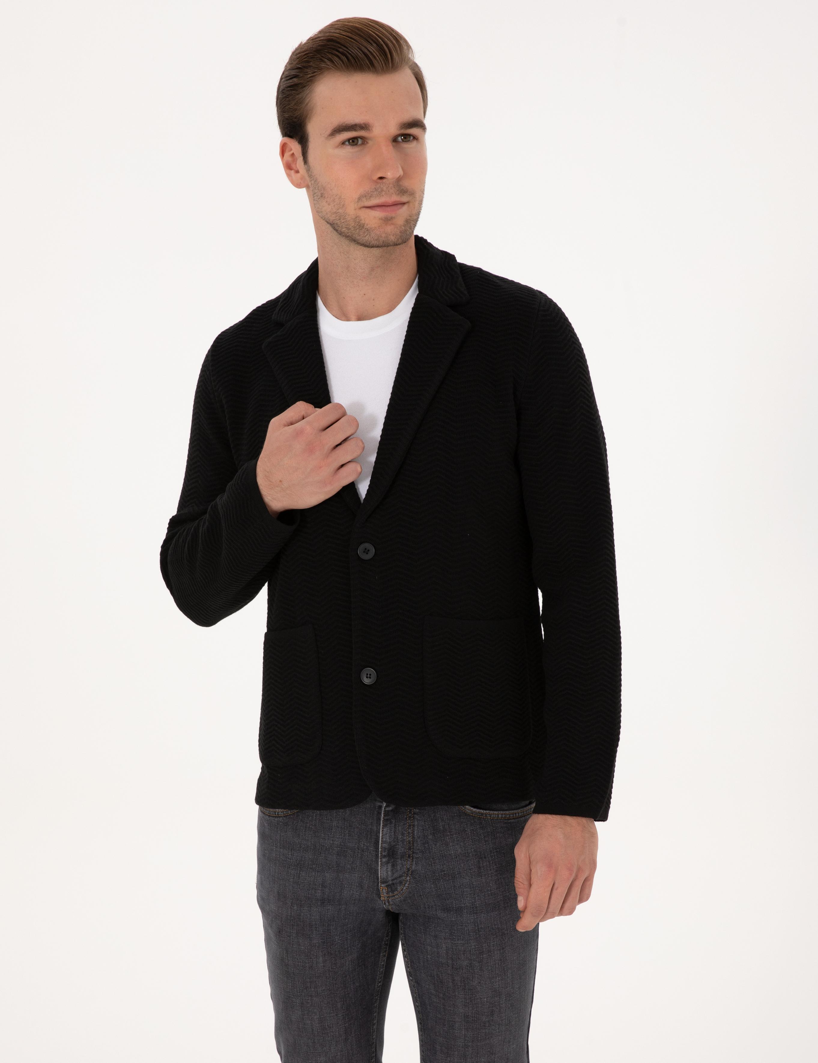 Siyah Slim Fit Pamuk Karışımlı Triko Hırka - 50314760018