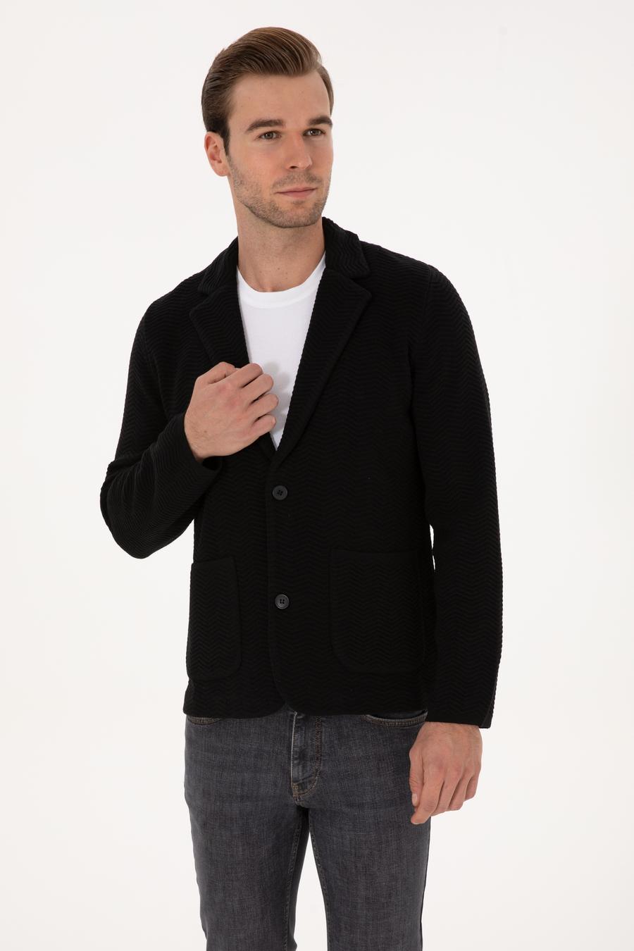 Siyah Slim Fit Pamuk Karışımlı Triko Hırka - 50314760018