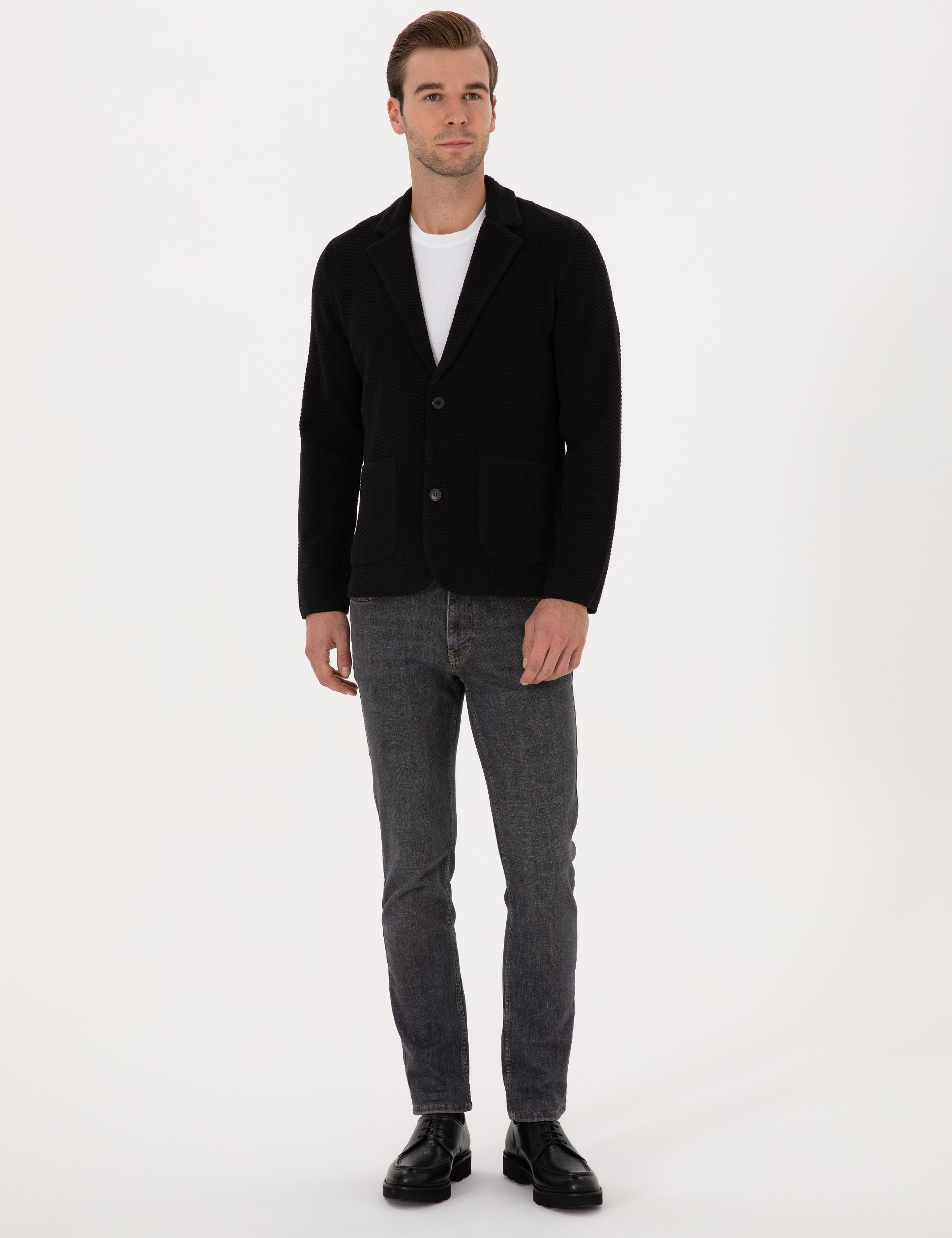 Siyah Slim Fit Pamuk Karışımlı Triko Hırka - 50314760018