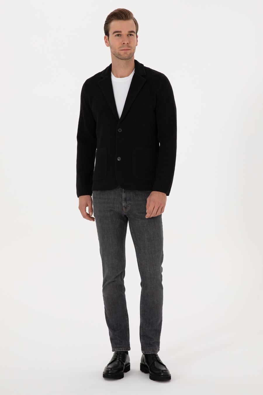 Siyah Slim Fit Pamuk Karışımlı Triko Hırka - 50314760018