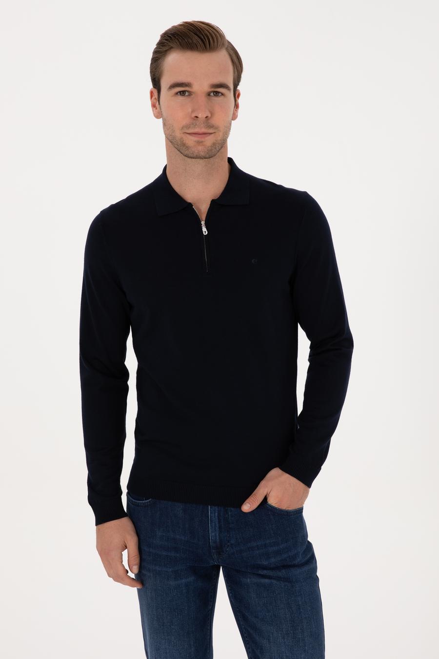 Lacivert Regular Fit Yün Karışımlı Fermuarlı Polo Yaka Basic Triko Kazak - 50315297041