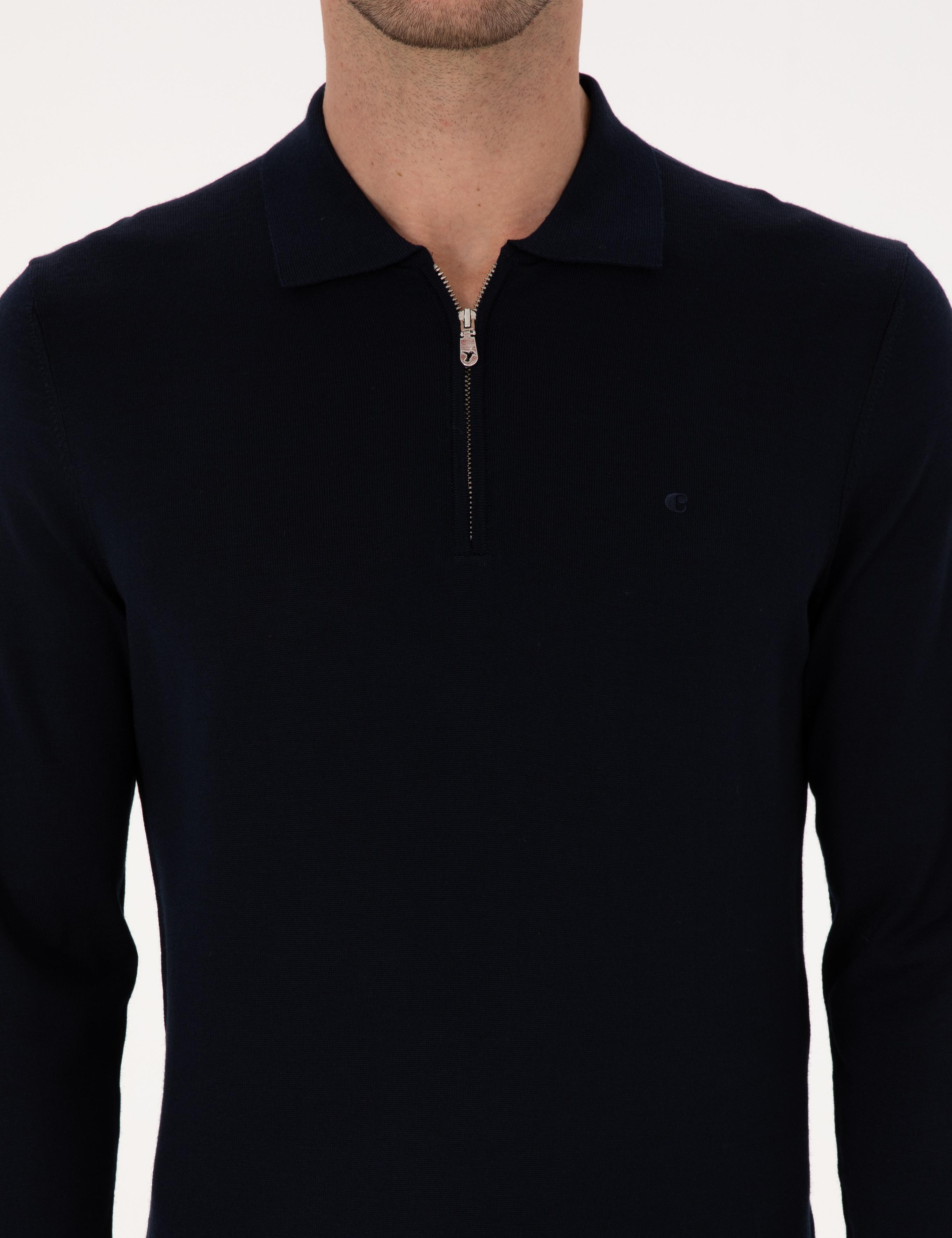 Lacivert Regular Fit Yün Karışımlı Fermuarlı Polo Yaka Basic Triko Kazak - 50315297041