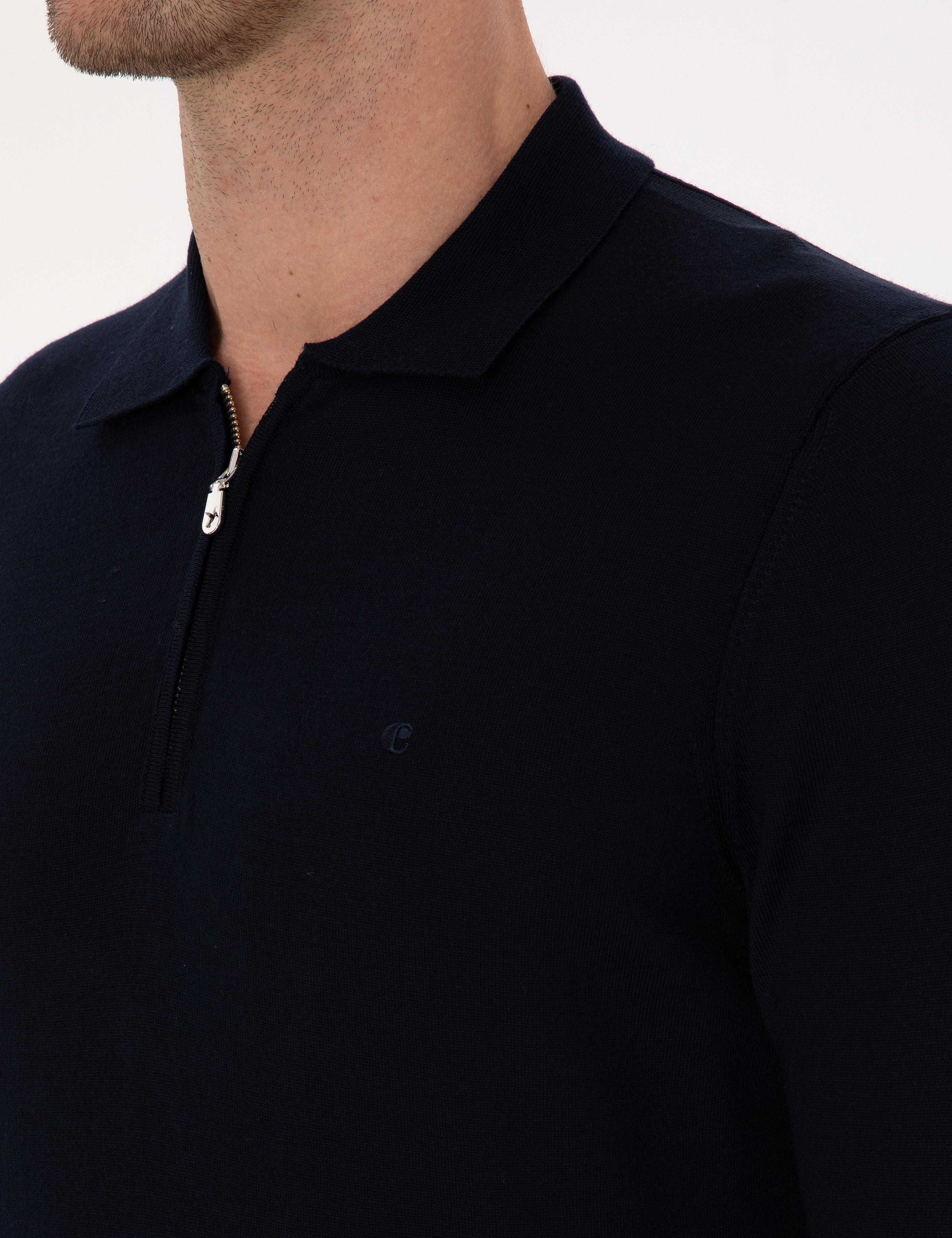 Lacivert Regular Fit Yün Karışımlı Fermuarlı Polo Yaka Basic Triko Kazak - 50315297041