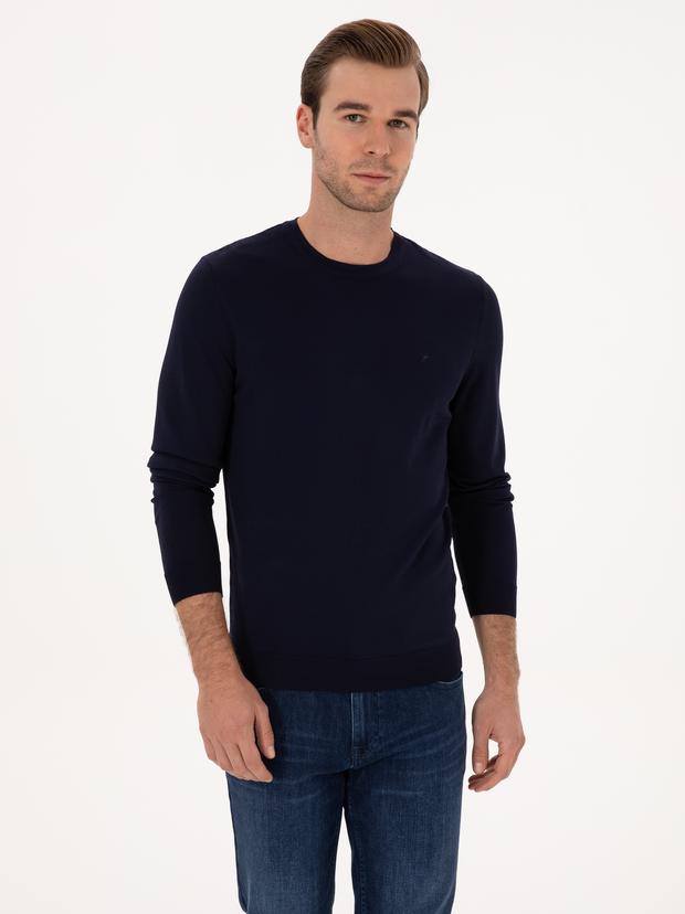 Lacivert Slim Fit Bisiklet Yaka Triko Kazak