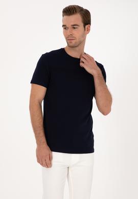 Lacivert Slim Fit %100 Pamuk Bisiklet Yaka Şerit Detaylı T-shirt