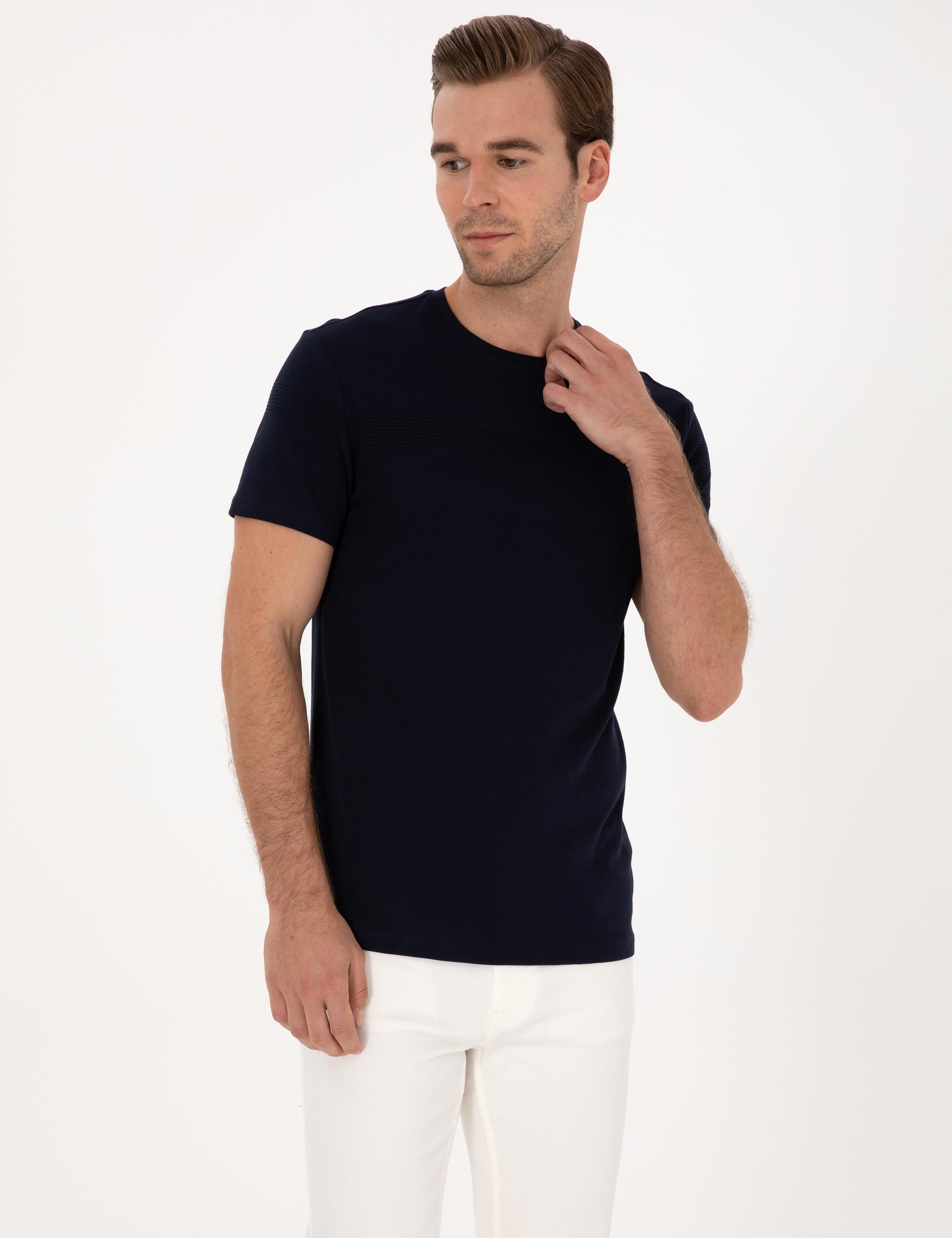 Lacivert Slim Fit %100 Pamuk Bisiklet Yaka Şerit Detaylı T-shirt - 50301375003