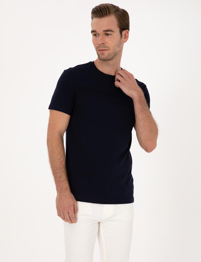 Lacivert Slim Fit %100 Pamuk Bisiklet Yaka Şerit Detaylı T-shirt