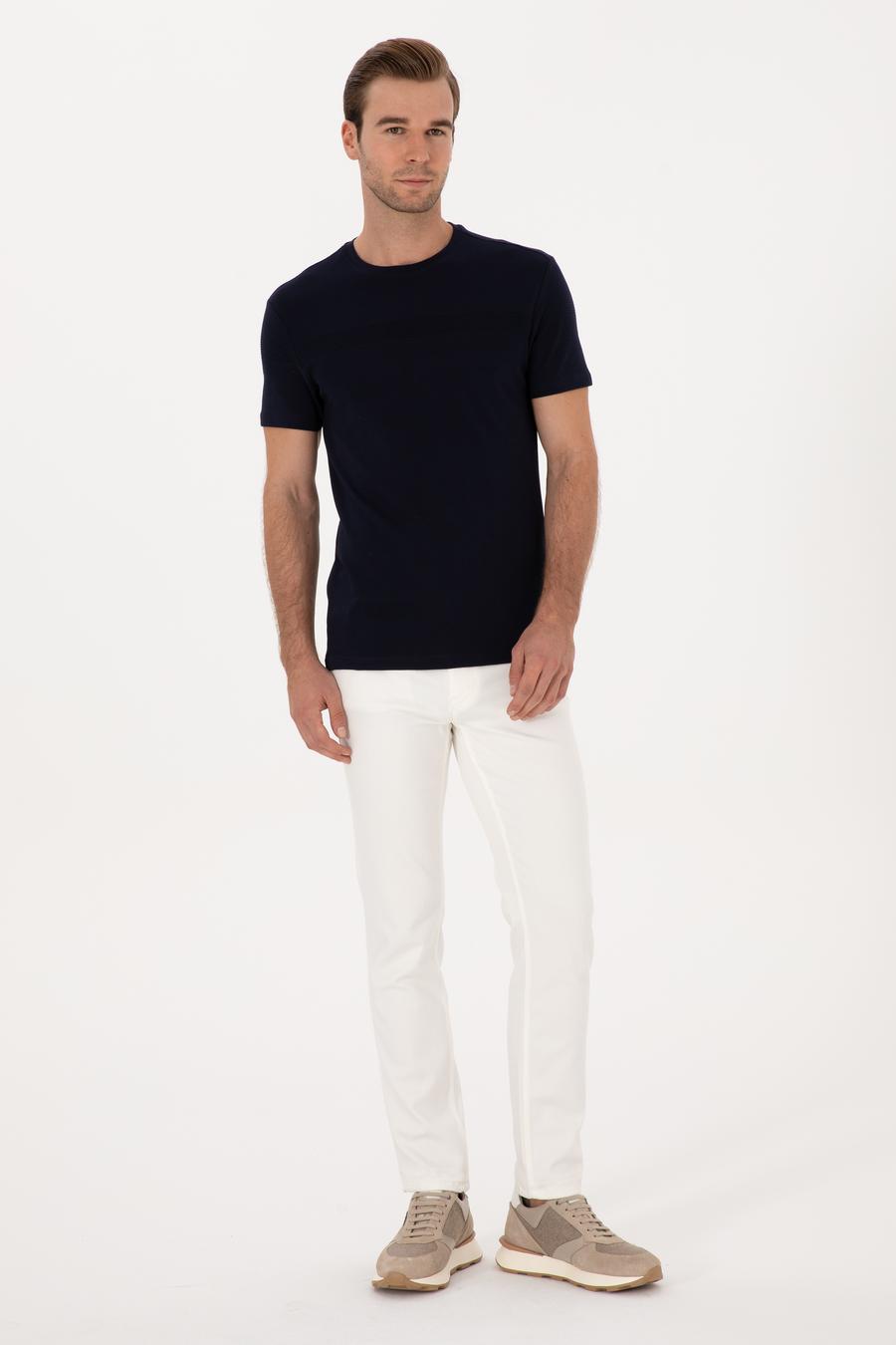 Lacivert Slim Fit %100 Pamuk Bisiklet Yaka Şerit Detaylı T-shirt - 50301375003