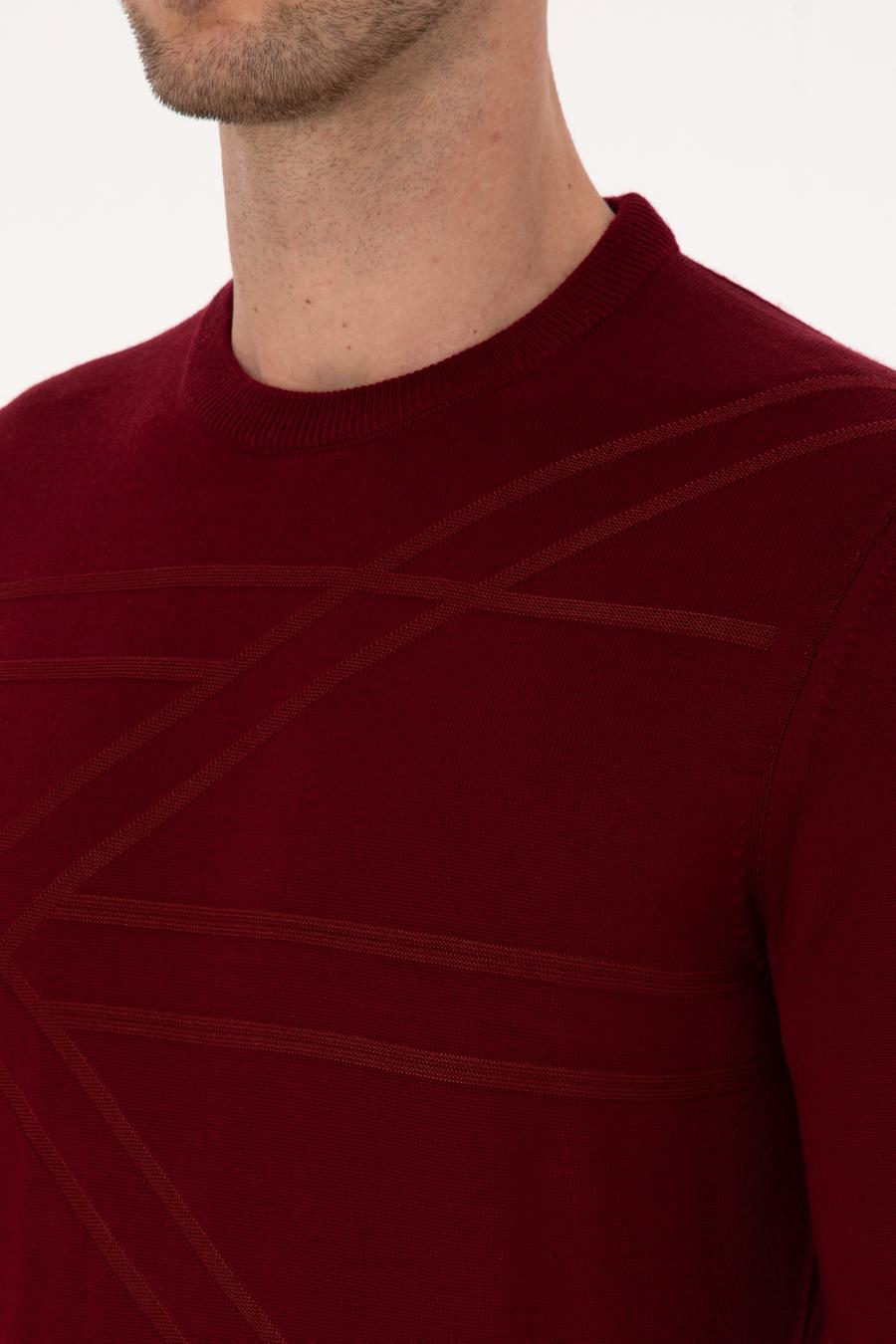 Koyu Bordo Slim Fit Yün Karışımlı Bisiklet Yaka Triko Kazak - 50311869045