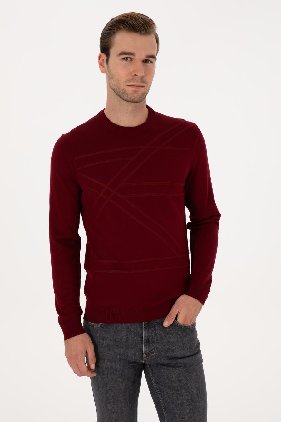 Koyu Bordo Slim Fit Yün Karışımlı Bisiklet Yaka Triko Kazak - 50311869045