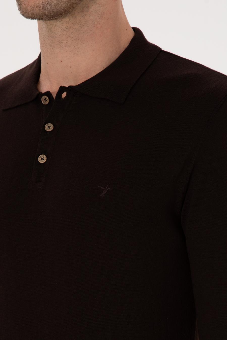 Kahverengi Regular Fit Pamuk Karışımlı Polo Yaka Basic Triko Kazak - 50318673027