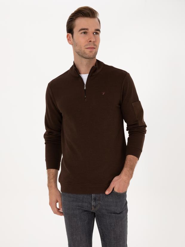Koyu Kahverengi Regular Fit Yarım Fermuarlı Sweatshirt