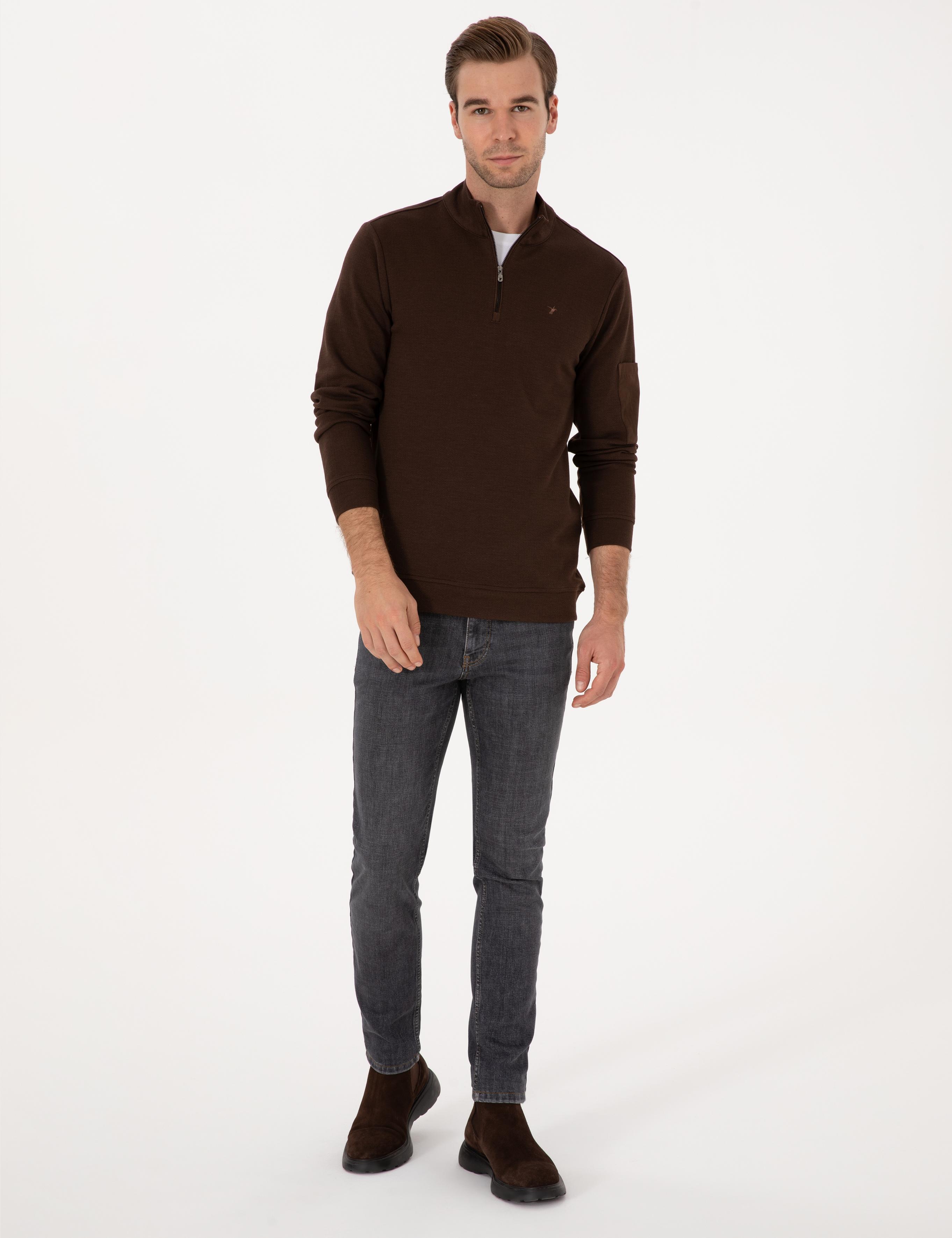Koyu Kahverengi Regular Fit Yarım Fermuarlı Sweatshirt - 50309768045