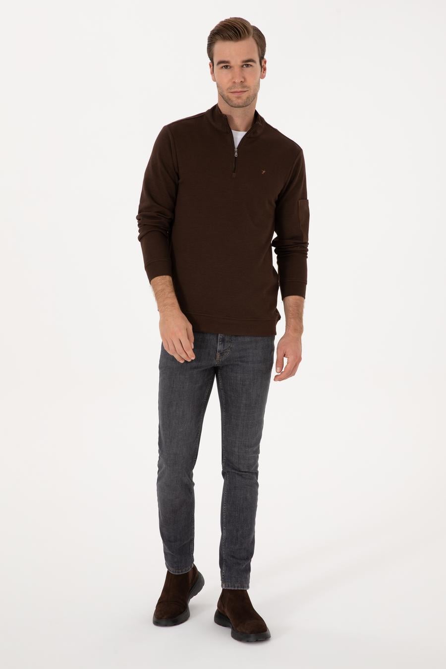Koyu Kahverengi Regular Fit Yarım Fermuarlı Sweatshirt - 50309768045