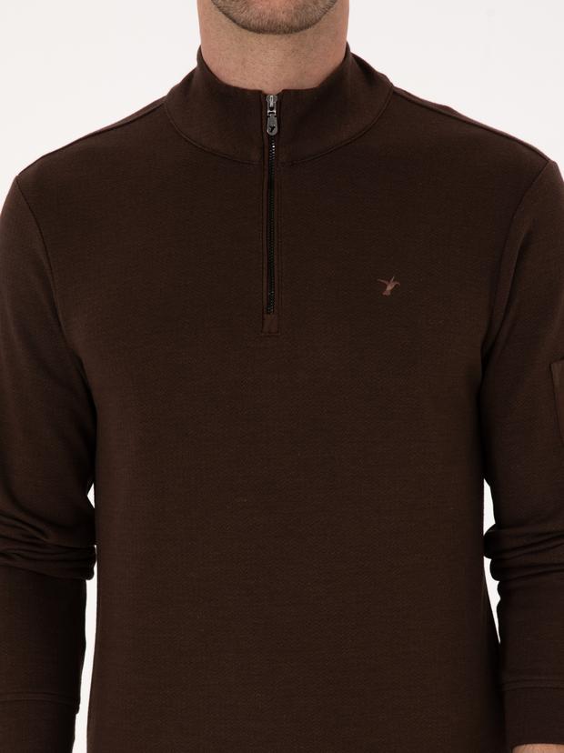 Koyu Kahverengi Regular Fit Yarım Fermuarlı Sweatshirt