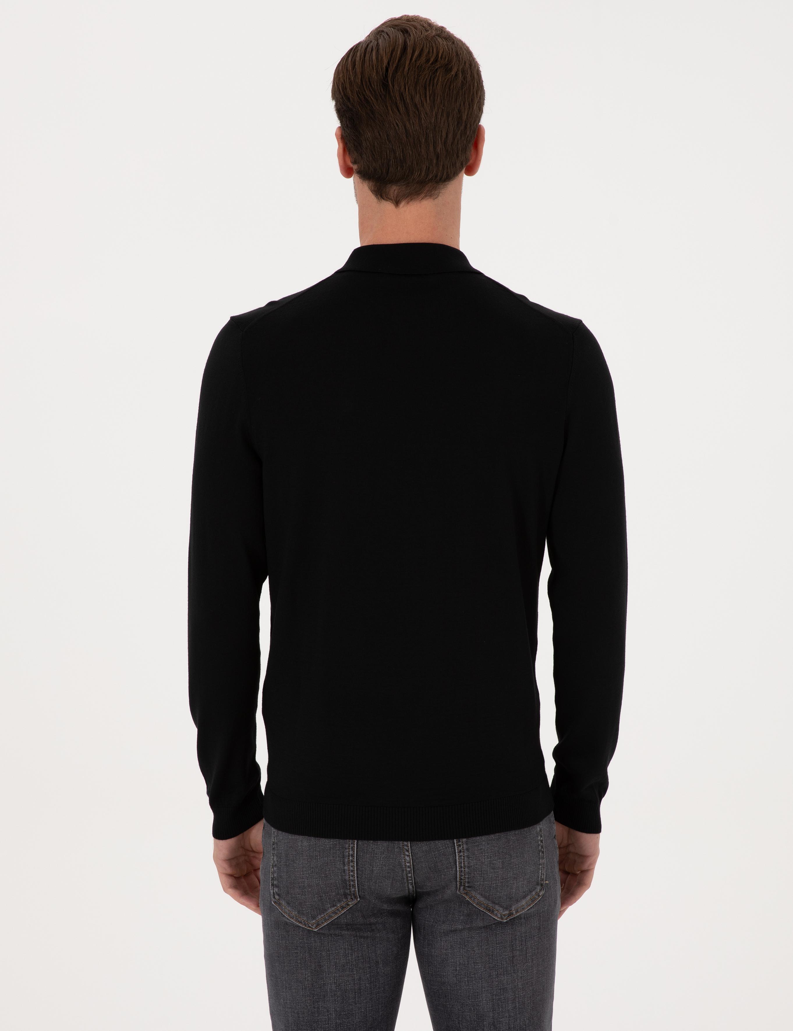 Siyah Regular Fit Yün Karışımlı Fermuarlı Polo Yaka Basic Triko Kazak - 50315297028