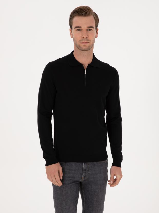 Siyah Regular Fit Yün Karışımlı Fermuarlı Polo Yaka Basic Triko Kazak