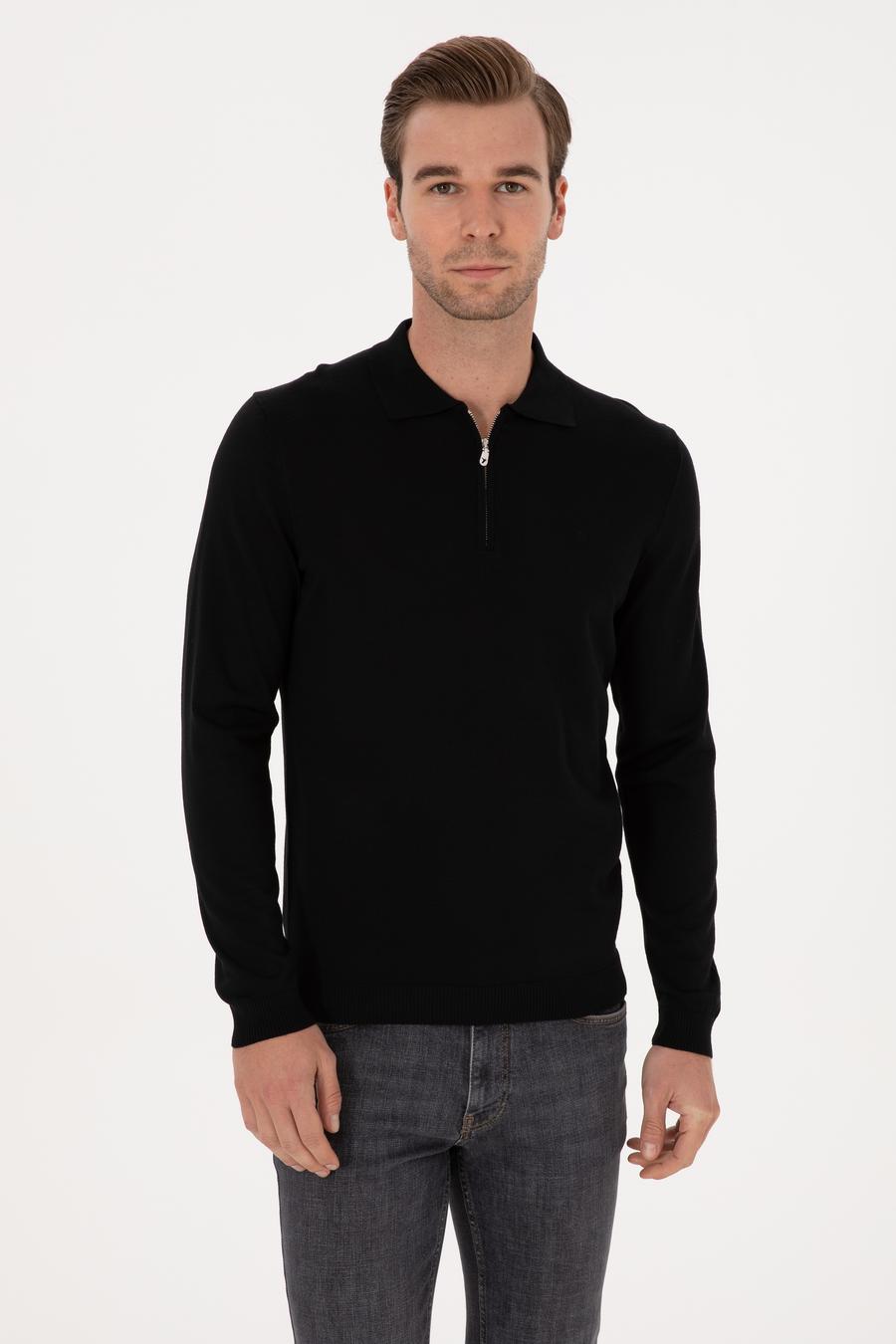 Siyah Regular Fit Yün Karışımlı Fermuarlı Polo Yaka Basic Triko Kazak - 50315297028