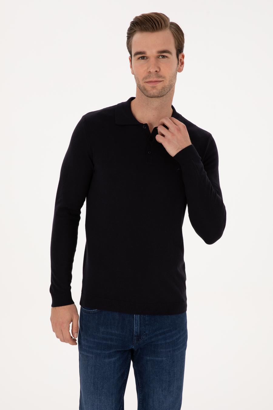Lacivert Regular Fit Pamuk Karışımlı Polo Yaka Basic Triko Kazak - 50318673011