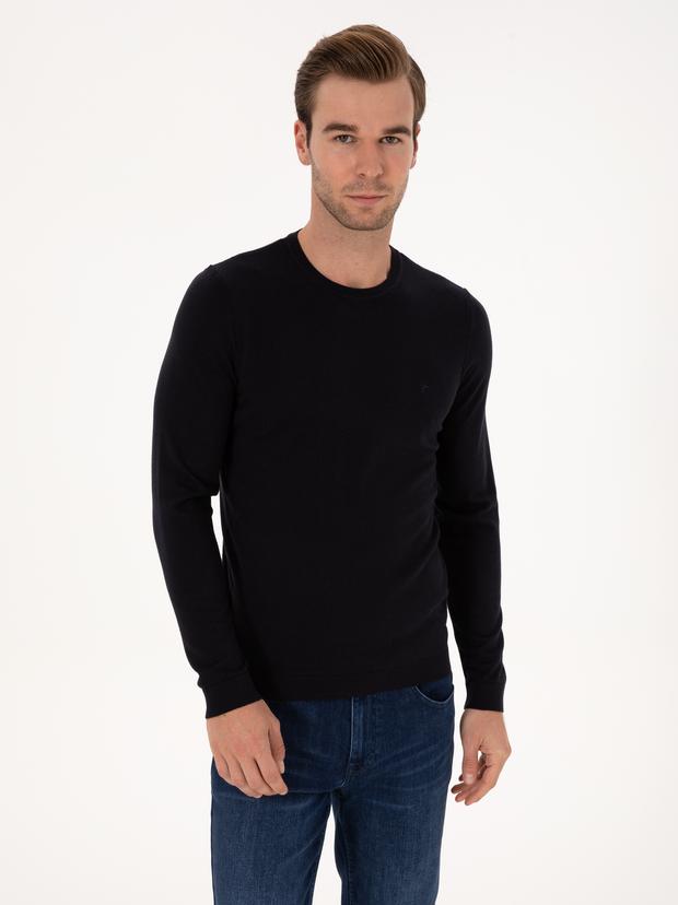 Lacivert Slim Fit Pamuk Karışımlı Bisiklet Yaka Basic Triko Kazak
