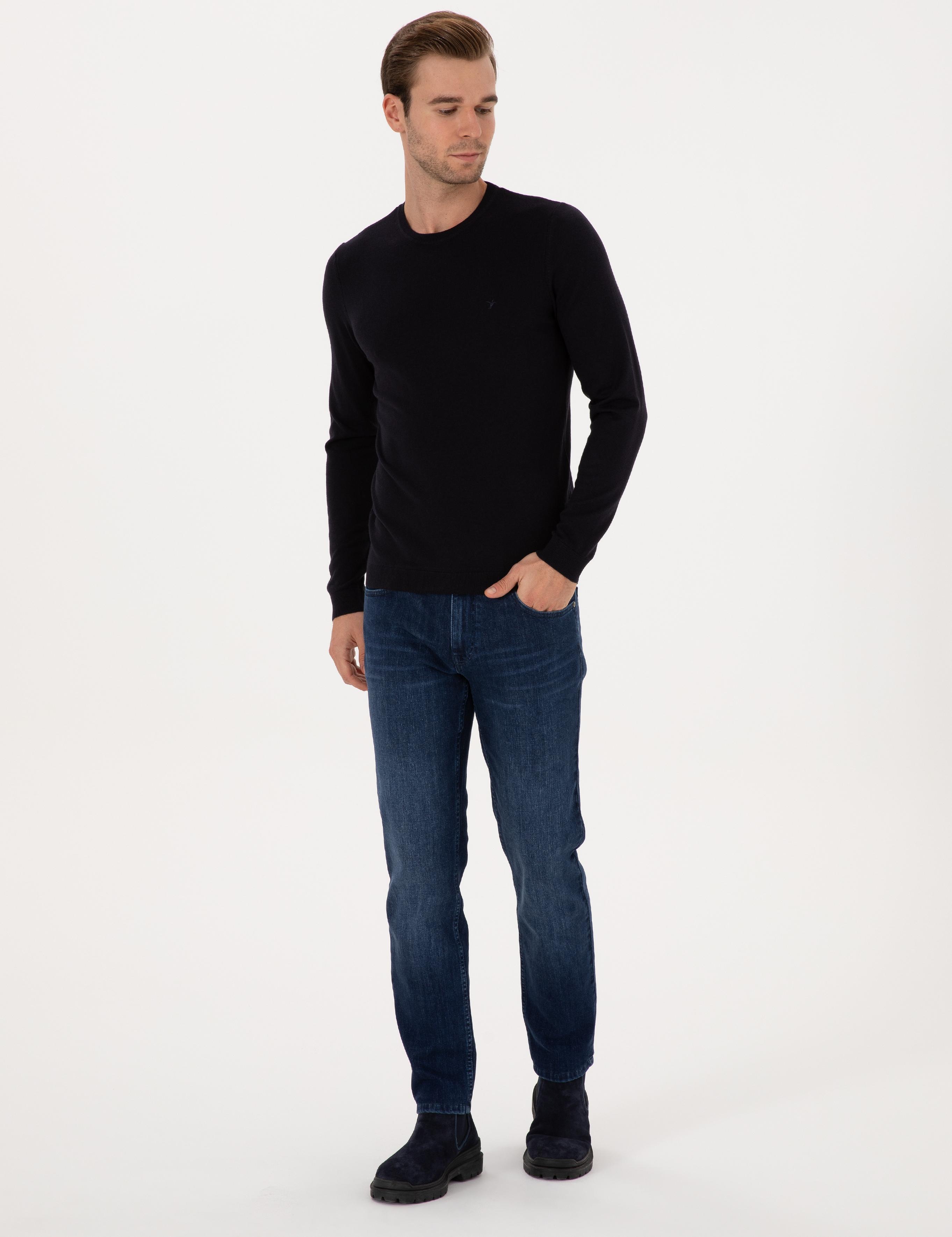 Lacivert Slim Fit Pamuk Karışımlı Bisiklet Yaka Basic Triko Kazak - 50318620011