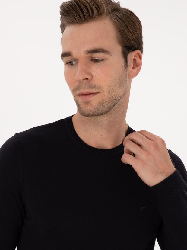 Lacivert Slim Fit Pamuk Karışımlı Bisiklet Yaka Basic Triko Kazak