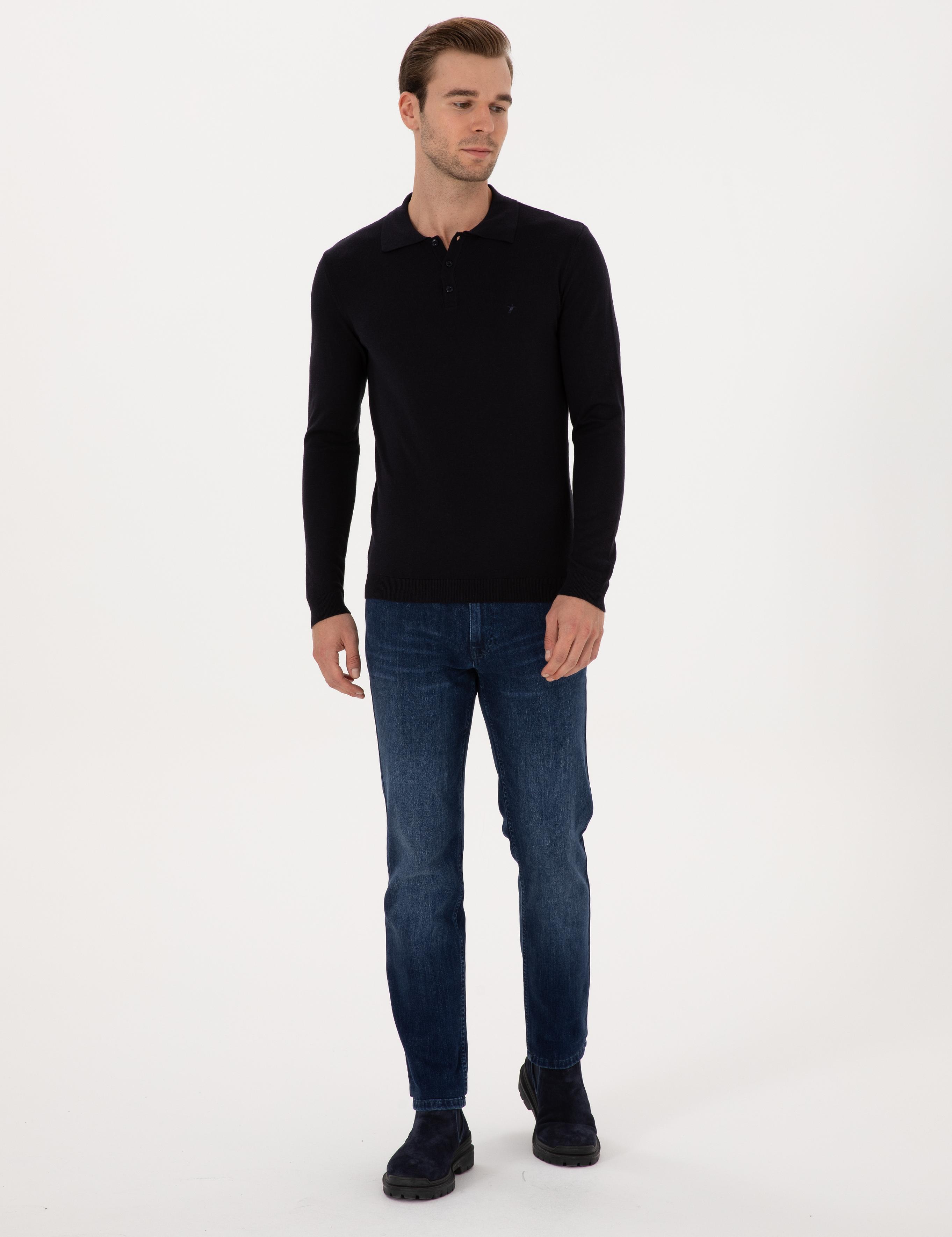 Lacivert Regular Fit Pamuk Karışımlı Polo Yaka Basic Triko Kazak - 50318673011