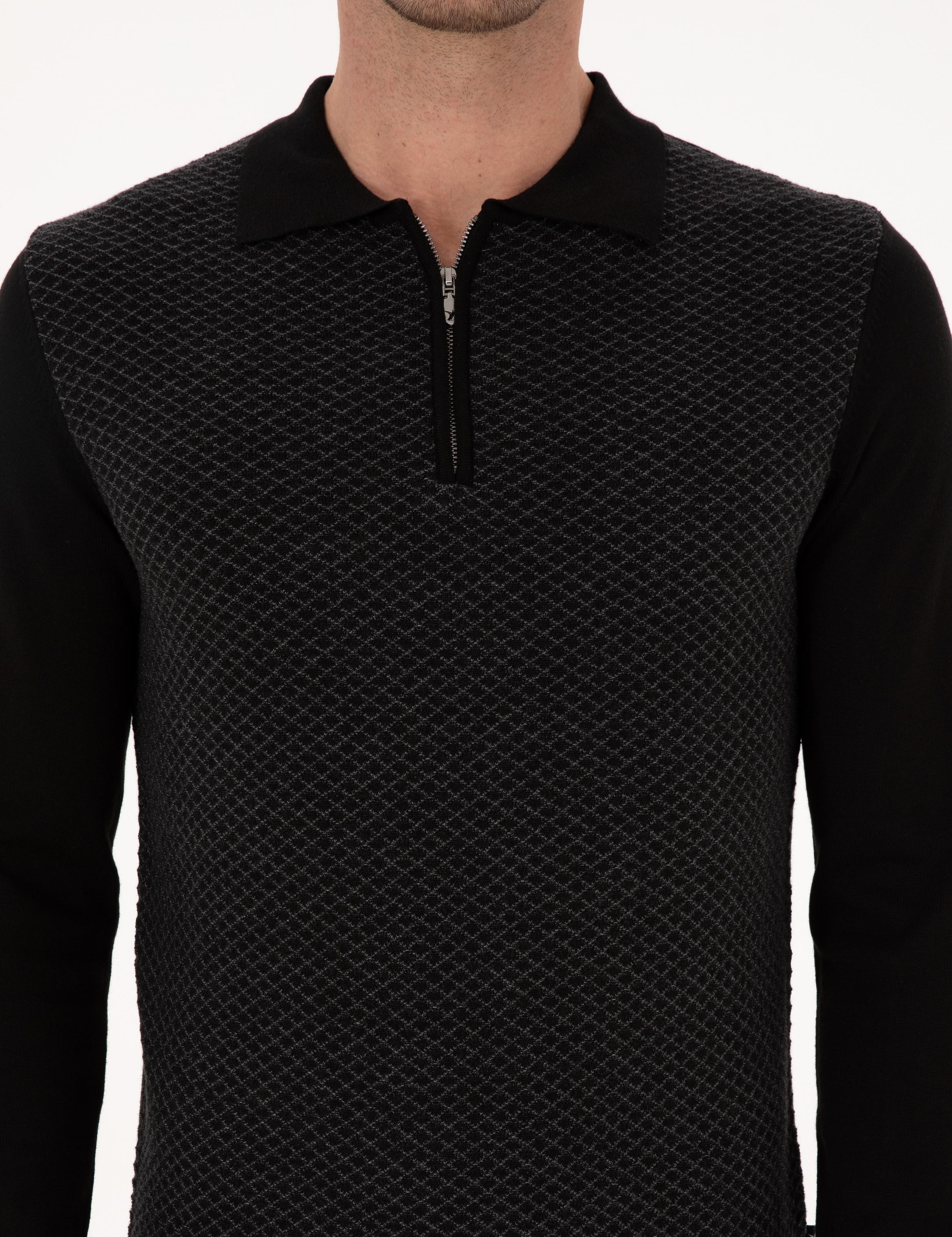 Siyah Slim Fit Pamuk Karışımlı Fermuarlı Polo Yaka Triko Kazak - 50318948004