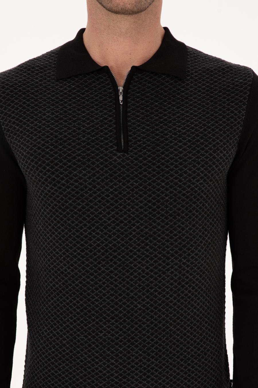 Siyah Slim Fit Pamuk Karışımlı Fermuarlı Polo Yaka Triko Kazak - 50318948004