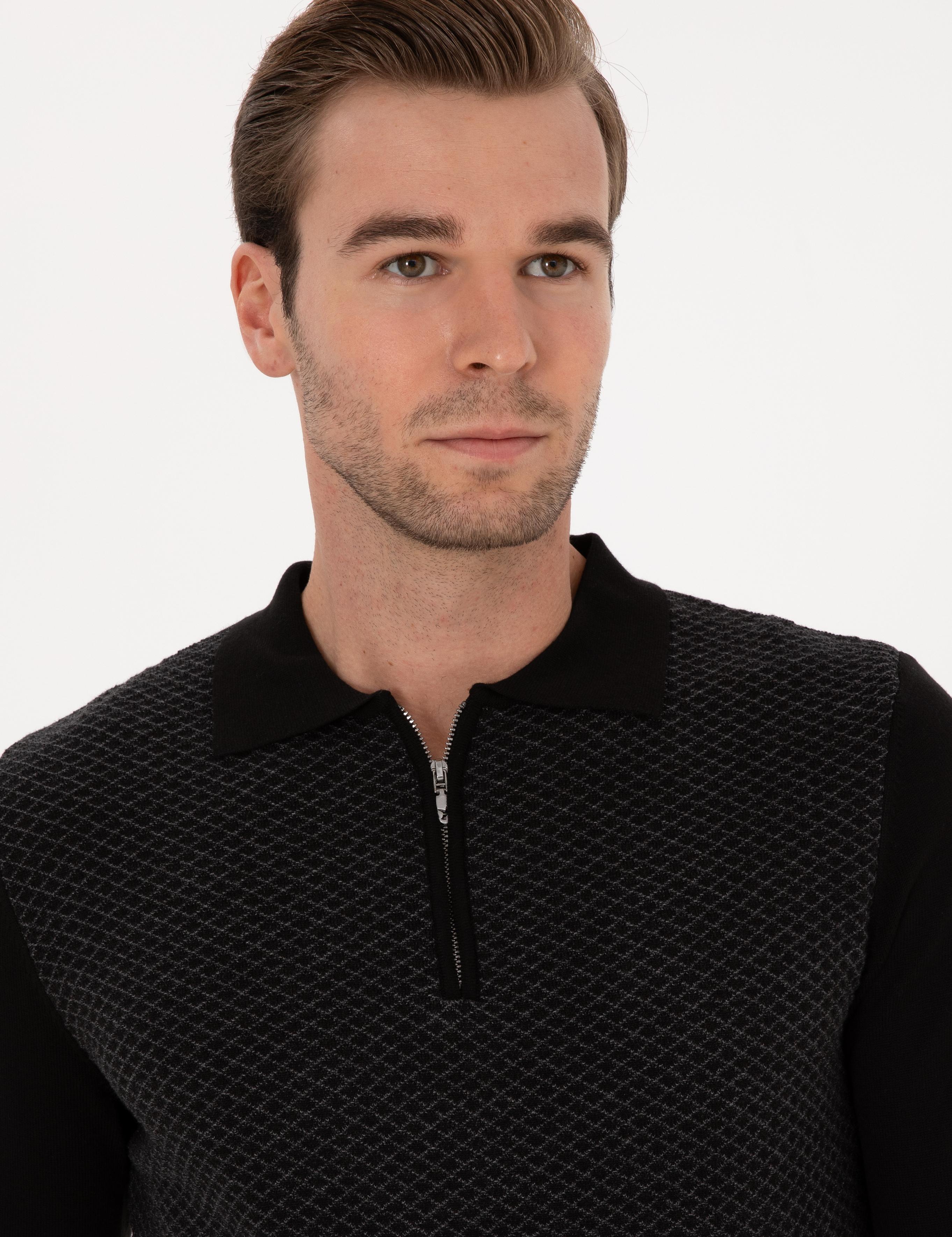 Siyah Slim Fit Pamuk Karışımlı Fermuarlı Polo Yaka Triko Kazak - 50318948004