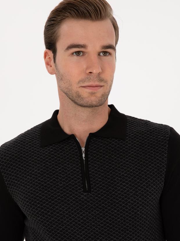 Siyah Slim Fit Pamuk Karışımlı Fermuarlı Polo Yaka Triko Kazak