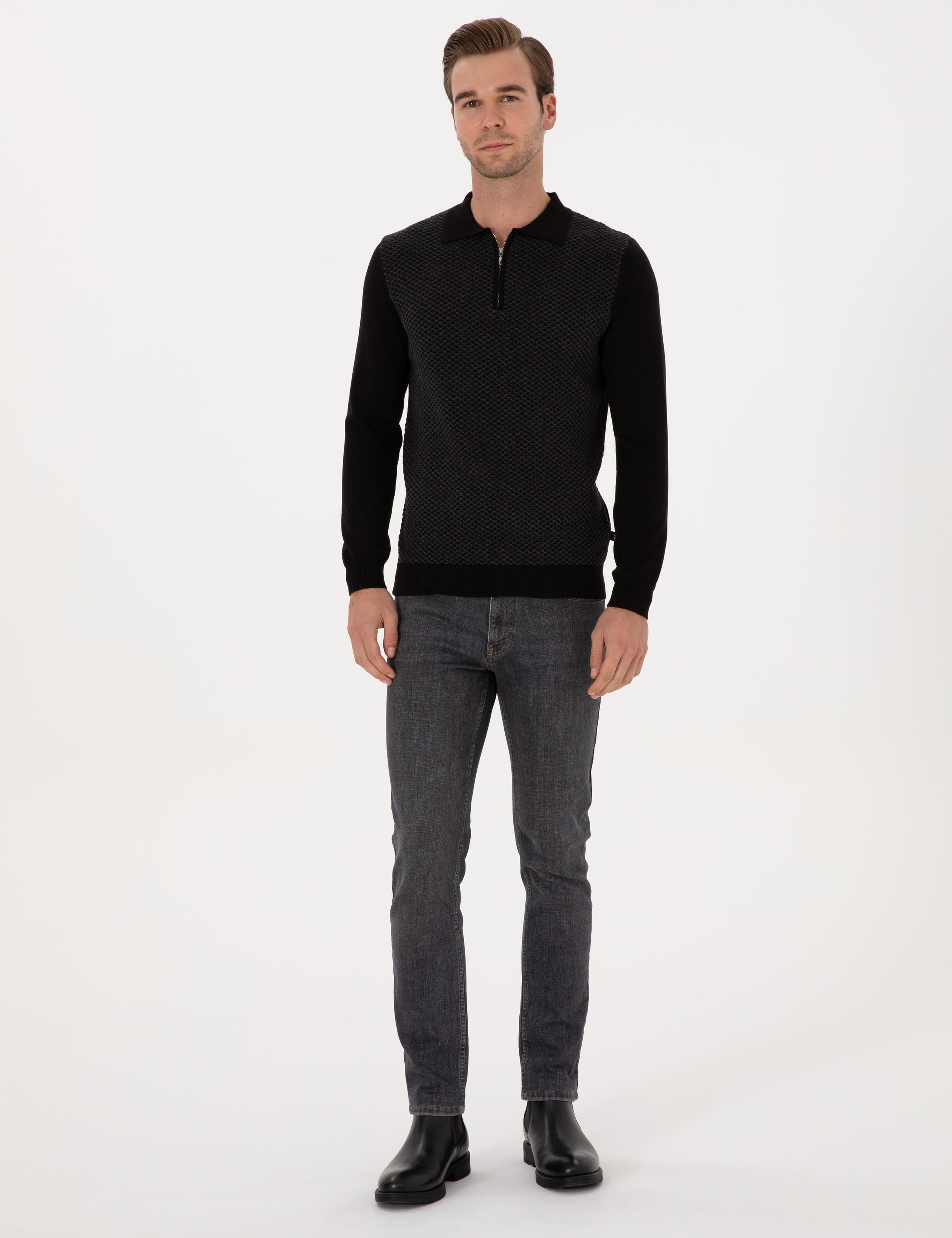 Siyah Slim Fit Pamuk Karışımlı Fermuarlı Polo Yaka Triko Kazak - 50318948004