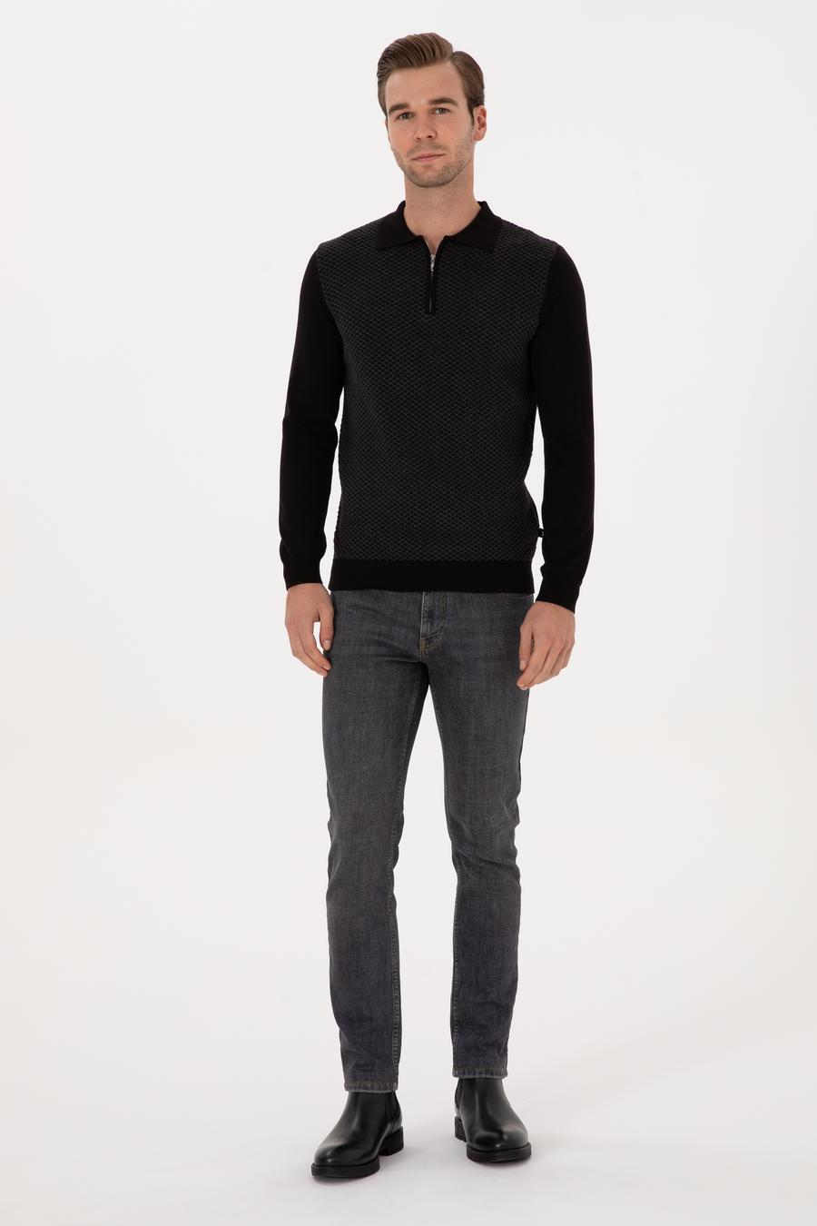 Siyah Slim Fit Pamuk Karışımlı Fermuarlı Polo Yaka Triko Kazak - 50318948004