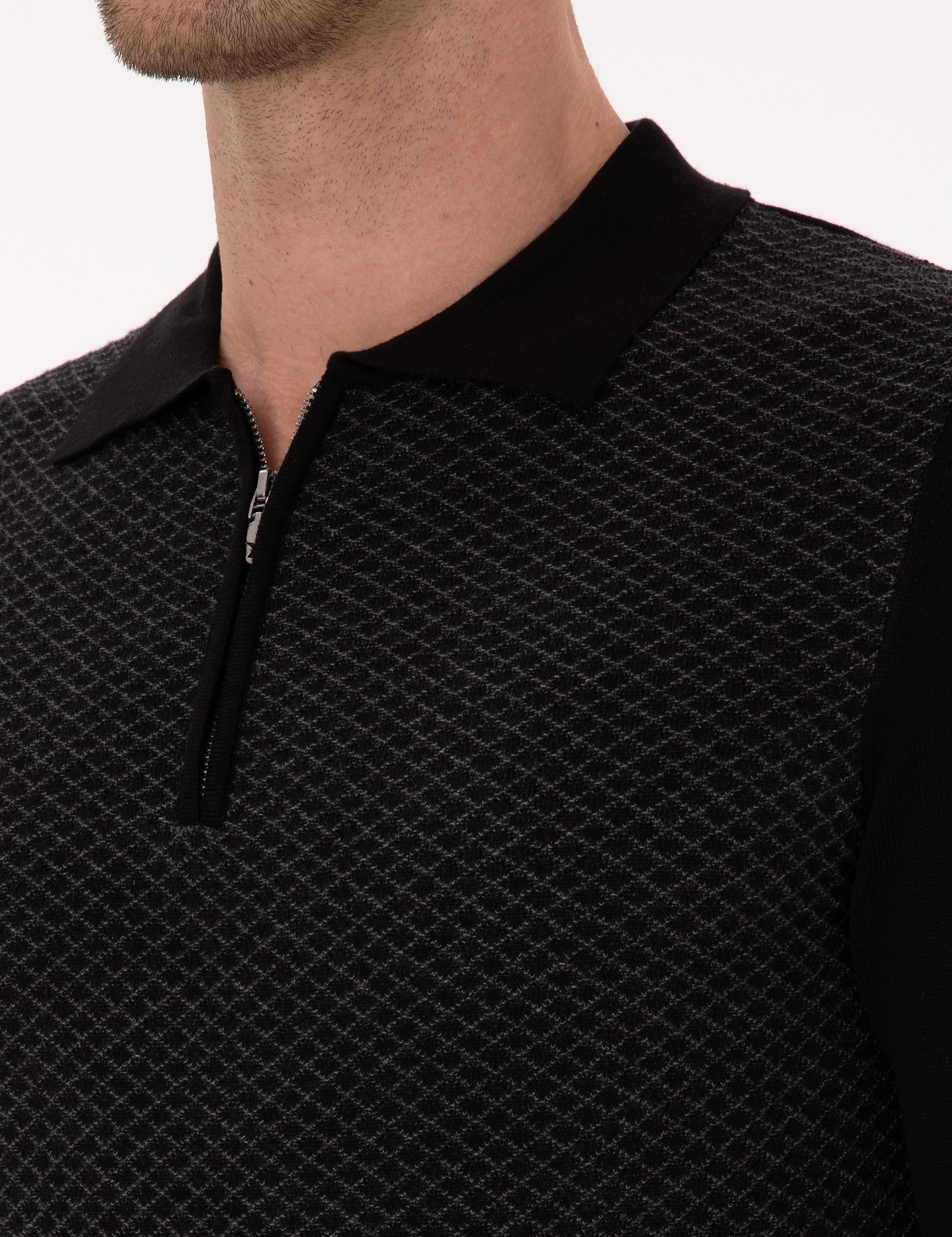 Siyah Slim Fit Pamuk Karışımlı Fermuarlı Polo Yaka Triko Kazak - 50318948004