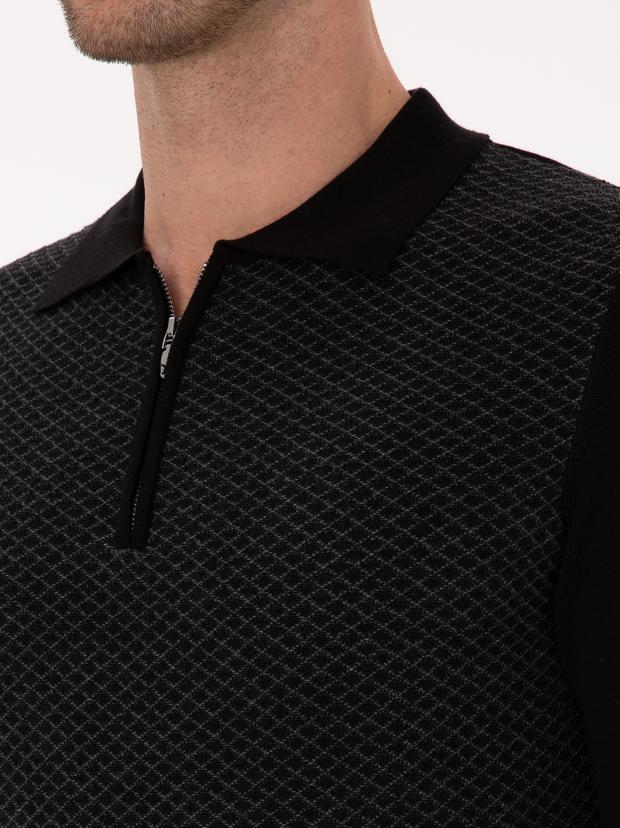 Siyah Slim Fit Pamuk Karışımlı Fermuarlı Polo Yaka Triko Kazak