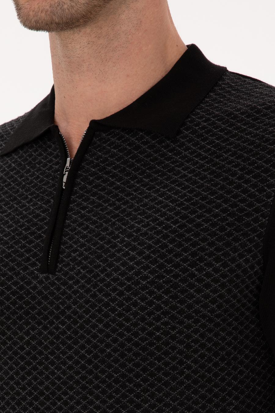 Siyah Slim Fit Pamuk Karışımlı Fermuarlı Polo Yaka Triko Kazak - 50318948004