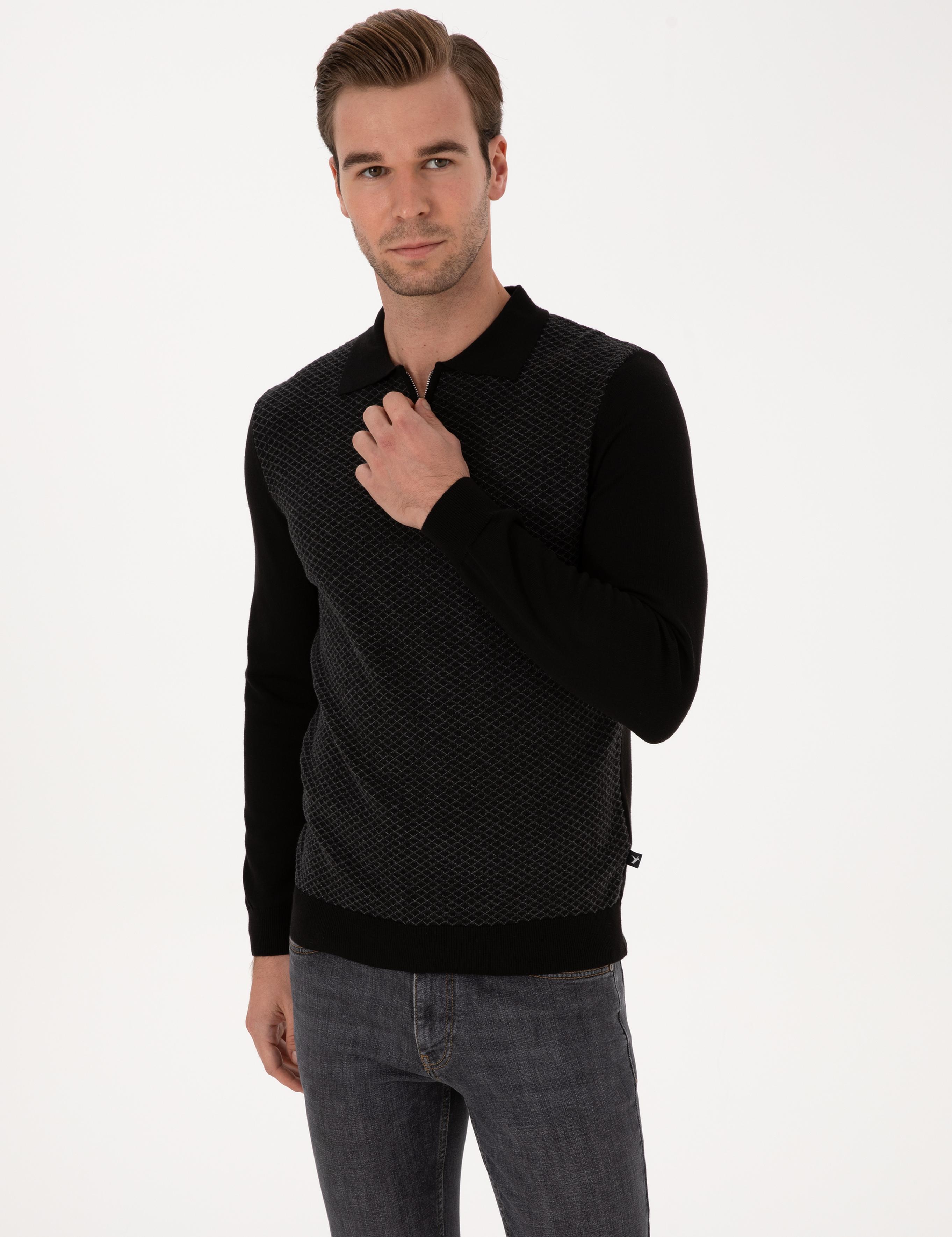 Siyah Slim Fit Pamuk Karışımlı Fermuarlı Polo Yaka Triko Kazak - 50318948004