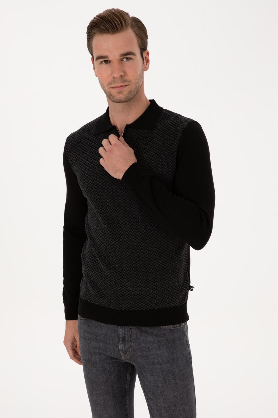 Siyah Slim Fit Pamuk Karışımlı Fermuarlı Polo Yaka Triko Kazak - 50318948004