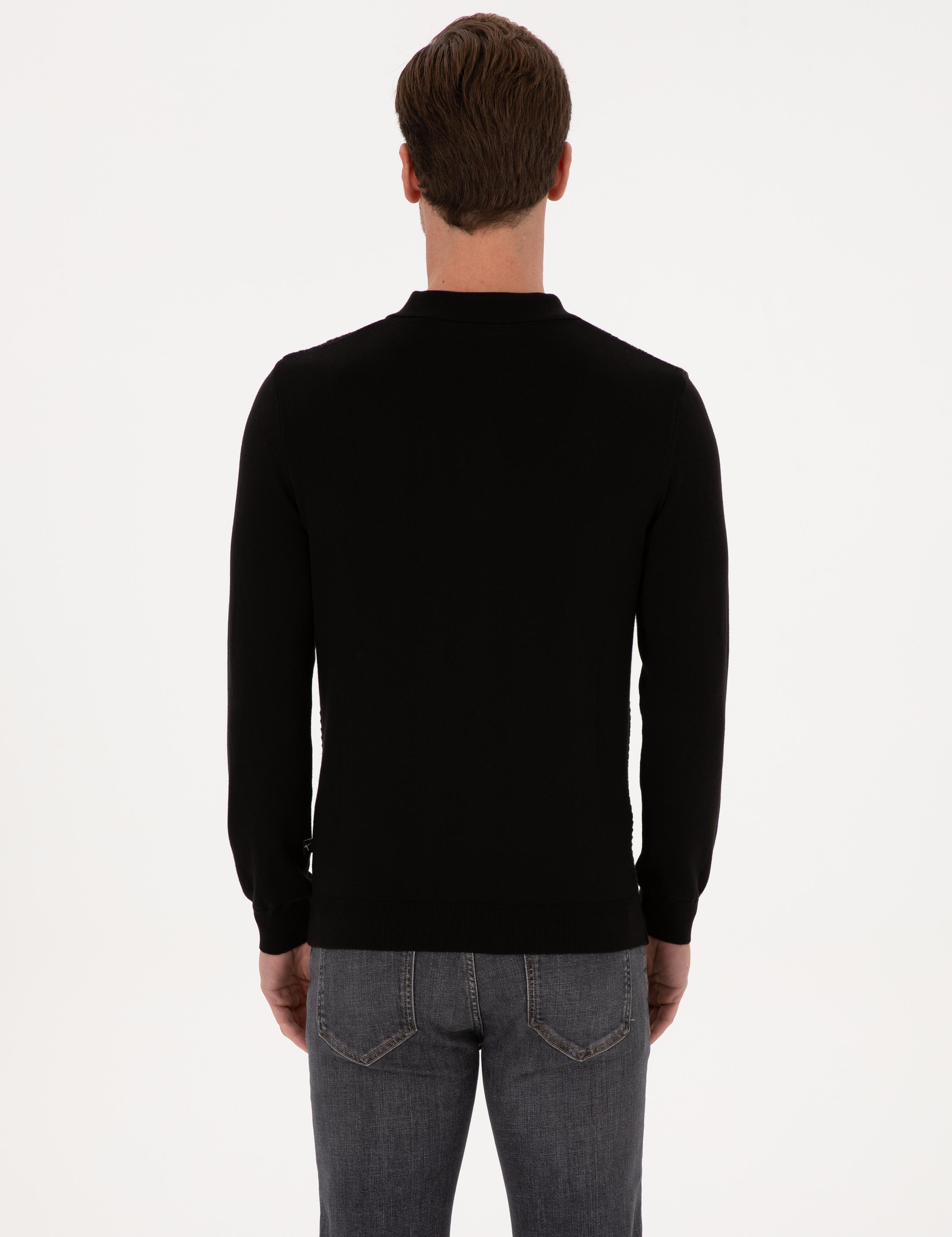 Siyah Slim Fit Pamuk Karışımlı Fermuarlı Polo Yaka Triko Kazak - 50318948004