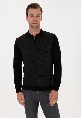 Siyah Slim Fit Pamuk Karışımlı Fermuarlı Polo Yaka Triko Kazak