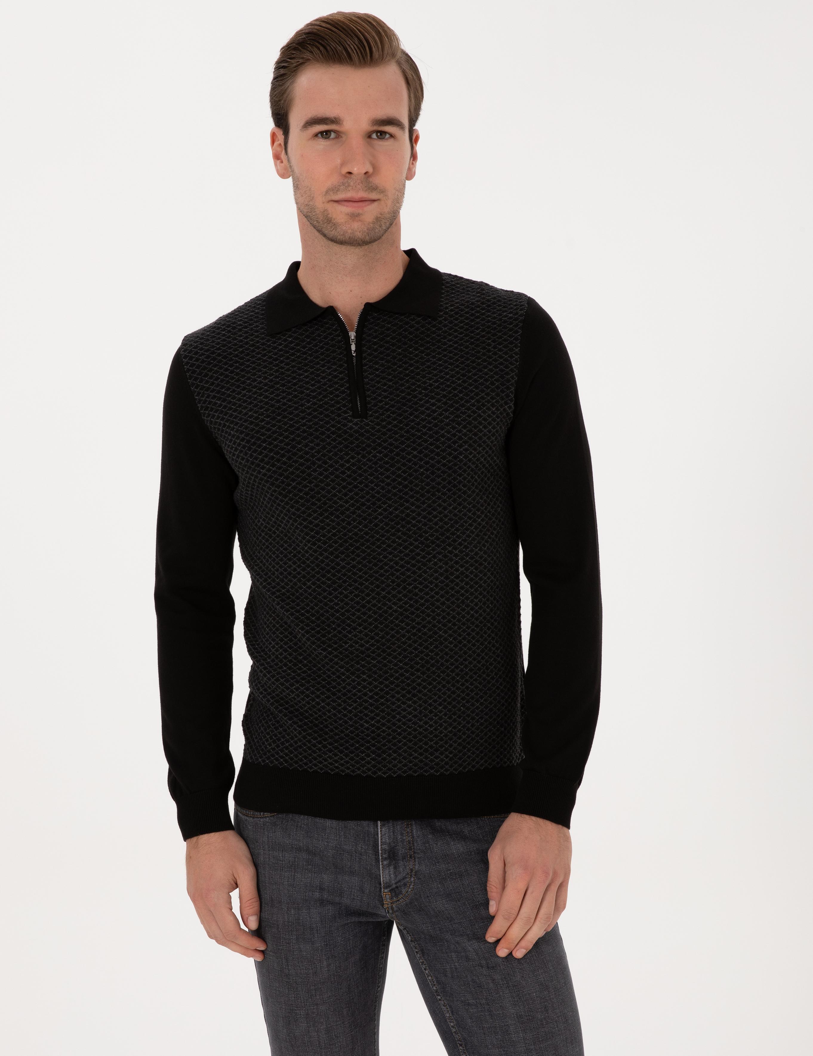 Siyah Slim Fit Pamuk Karışımlı Fermuarlı Polo Yaka Triko Kazak - 50318948004