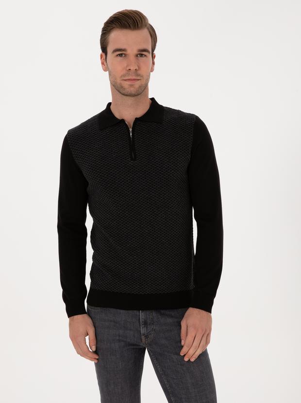 Siyah Slim Fit Pamuk Karışımlı Fermuarlı Polo Yaka Triko Kazak