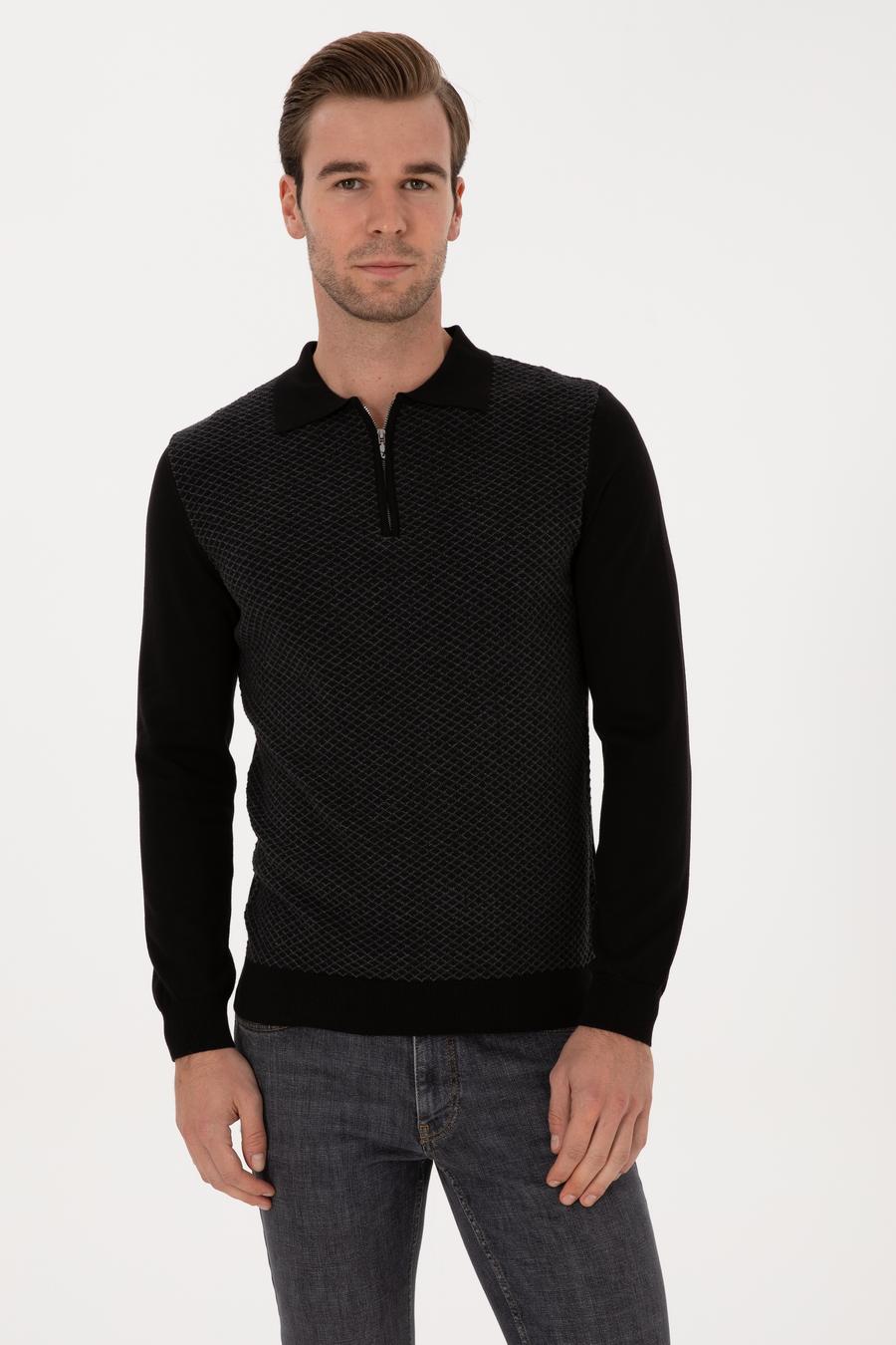 Siyah Slim Fit Pamuk Karışımlı Fermuarlı Polo Yaka Triko Kazak - 50318948004